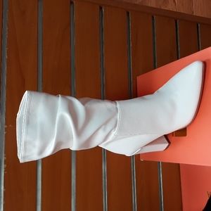 Women's mid calf white boots shoes chunky heels side zipper winter snow bootie